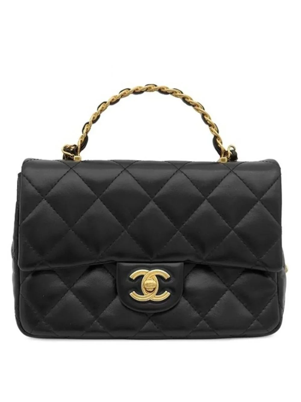 Chanel 2-Way Bag Small Top Handle Flap Lambskin Shiny Black Gold Handbag